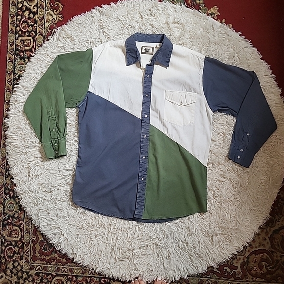 Vintage Western Plains Snap Button Shirt Front Long Sleeve Shirt Blue Green - Picture 3 of 16